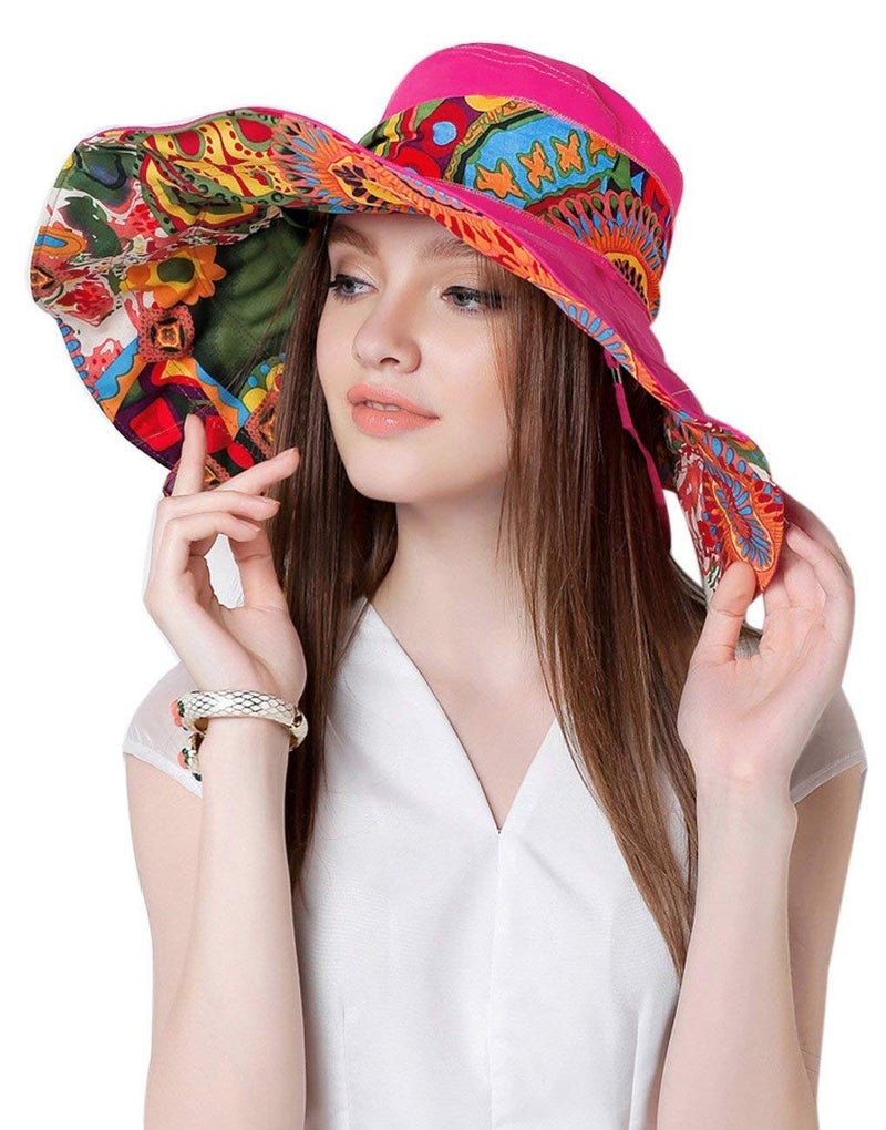 Fakeface Women's Foldable Floppy Reversible Travel Beach Sun Visor Hat Wide Brim UPF 50+ Rose Red - Image 1